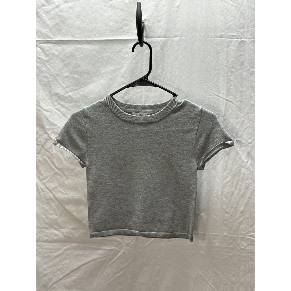 Cropped Knit Top Womens Gray Short Sleeve Crew Neck Sweater Tee Fitted Neutral